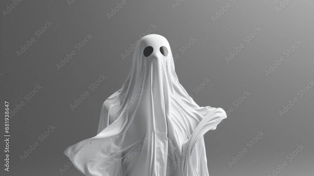 White Ghost Costume Standing Against Grey Background White Ghost Costume Standing Against Grey Background