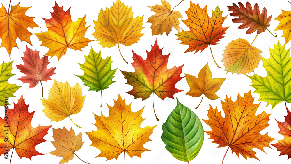 Fototapeta premium Colorful autumn leaves like maple, oak, and birch on a transparent background. 
