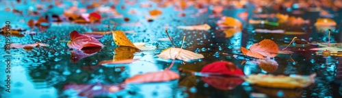 Vibrant autumn leaves scattered on a rain-soaked surface, capturing the beauty of fall and the serene atmosphere after a rain shower.