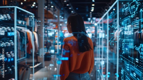 Woman Exploring Futuristic Retail Store with Interactive Displays