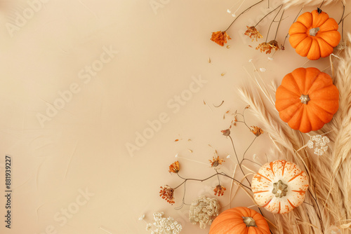 Minimalistic flat lay with pumpkins and dry flowers on beige background, top view, copy space concept