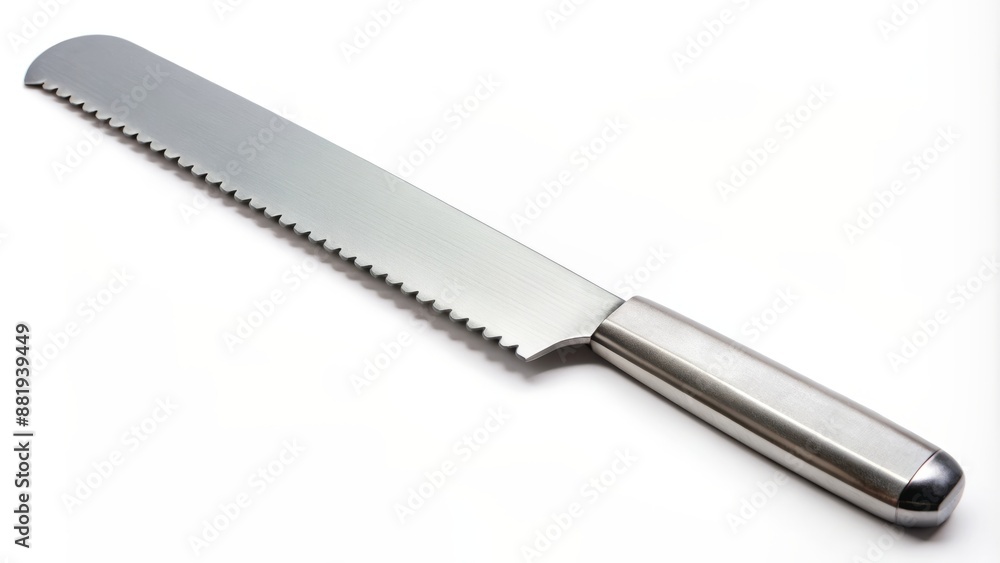 Close-up of a metal bread knife with a serrated edge isolated on white. Close-up of a metal bread knife with a serrated edge isolated on white.