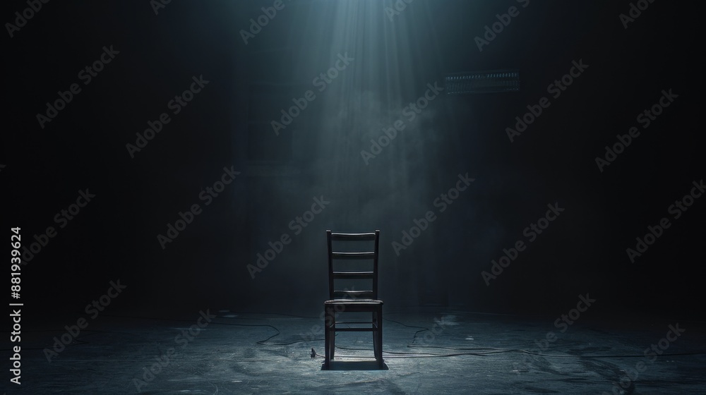 A chair is placed in the middle of a dark room. with light shining in ...