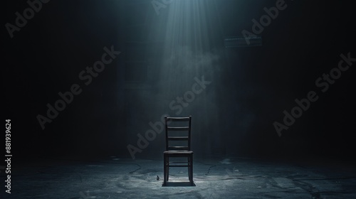 A chair is placed in the middle of a dark room. with light shining in the middle creating By emphasizing the loneliness of the chair and adding An eerie atmosphere is given to the scene.
