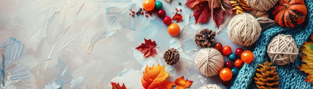 Autumn-themed flat lay with yarn balls, leaves, berries, pinecones, and a blue knitted scarf on a textured background. Autumn-themed flat lay with yarn balls, leaves, berries, pinecones, and a blue knitted scarf on a textured background.