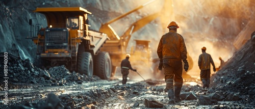 Industrial miners working at a site with heavy machinery during early morning light, creating a dramatic atmosphere with shadows and light. photo