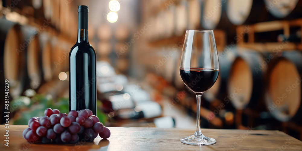 Obraz premium Glass and bottle of red wine and fresh grapes on the table in cellar of winery.