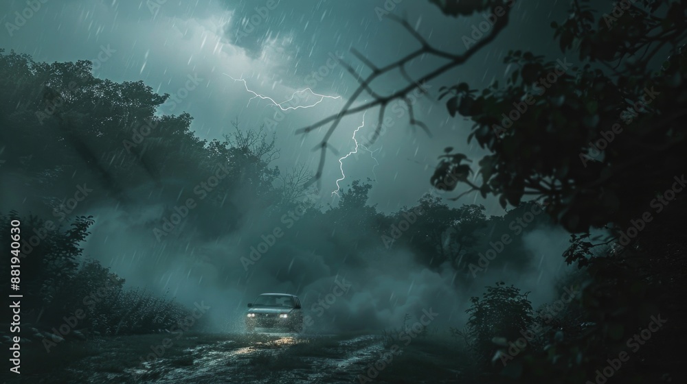 Fototapeta premium Car driving on rainy road
