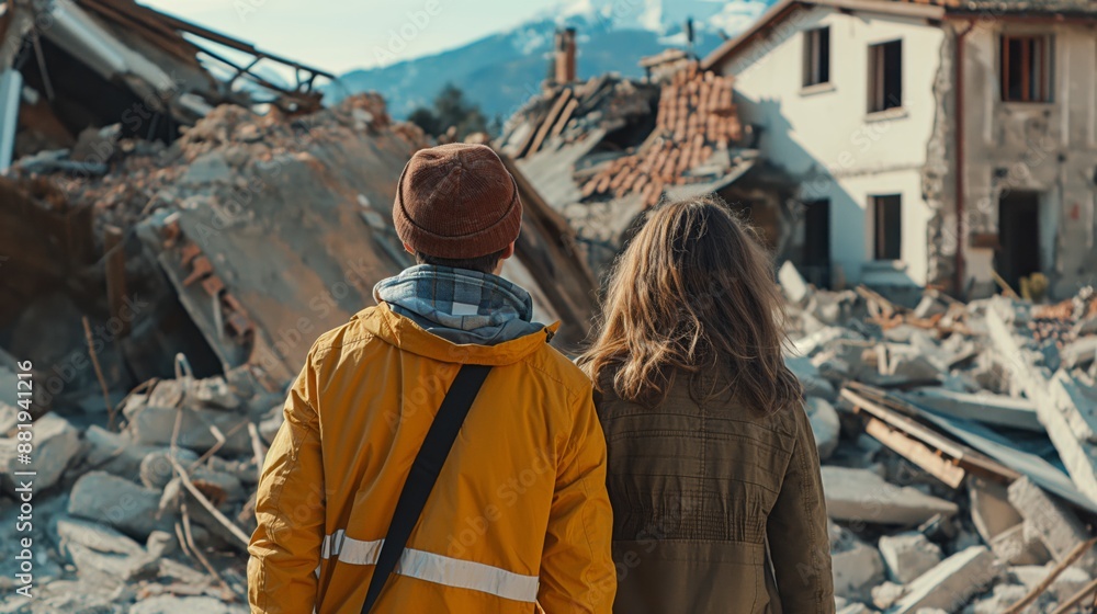 Unhappy people look at the destroyed house after the earthquake disaster. Despair and tragedy Unhappy people look at the destroyed house after the earthquake disaster. Despair and tragedy