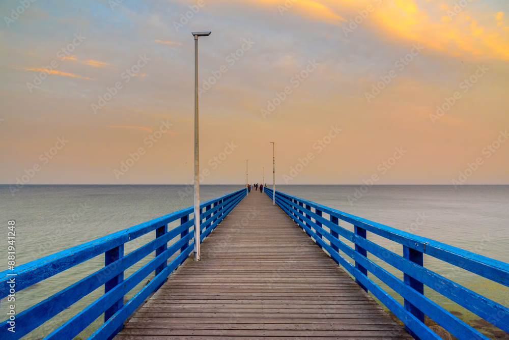 Wooden pier at the sea on sunrise. Zelenogradsk. Kaliningrad region. Russia