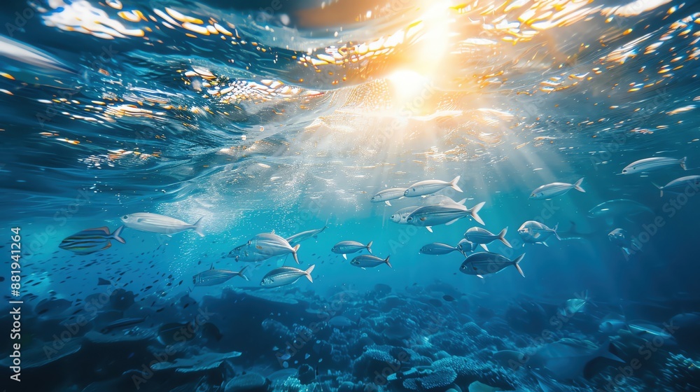 Fototapeta premium A serene underwater scene featuring a school of fish swimming harmoniously in crystal clear water, with ample copy space, no text,