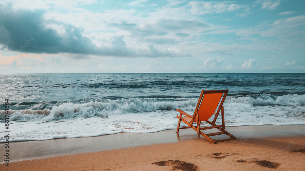 Beach lounger on the shore with waves crashing and dramatic clouds in the sky Beach lounger on the shore with waves crashing and dramatic clouds in the sky