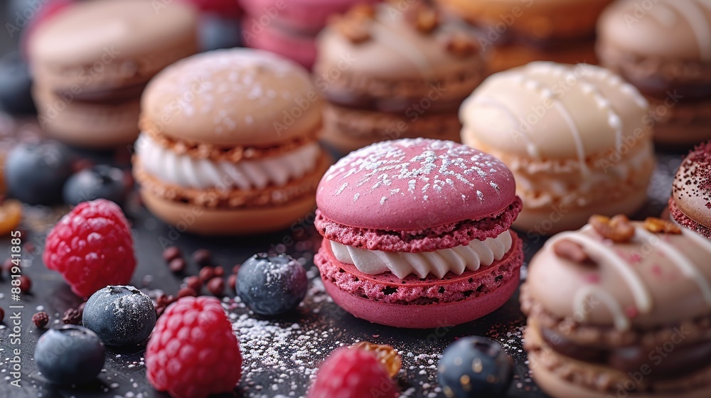 Colorful macarons, raspberries, and blueberries on a wooden table Colorful macarons, raspberries, and blueberries on a wooden table