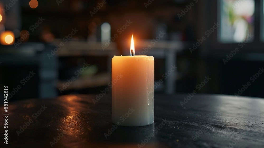 A Lit Candle On A Wooden Table In A Dimly Lit Room A Lit Candle On A Wooden Table In A Dimly Lit Room