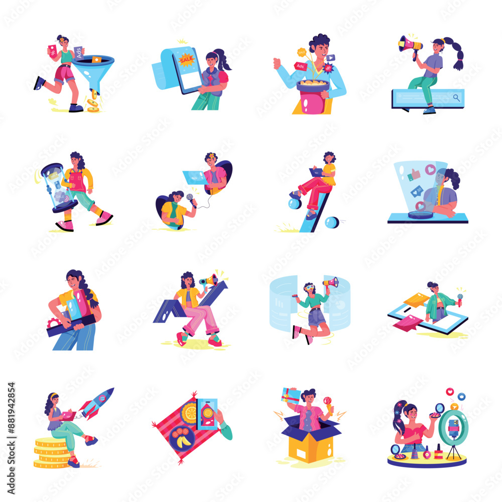 Fototapeta premium Pack of Media Marketing Flat Illustrations