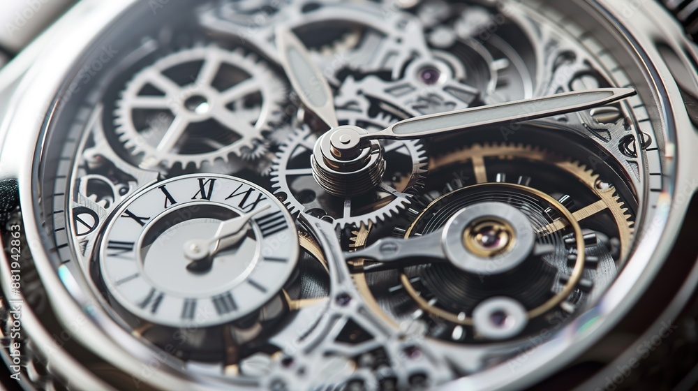 Detailed Macro Shot of Mechanical Watch Face with Intricate Gears and Polished Metal Finish Detailed Macro Shot of Mechanical Watch Face with Intricate Gears and Polished Metal Finish