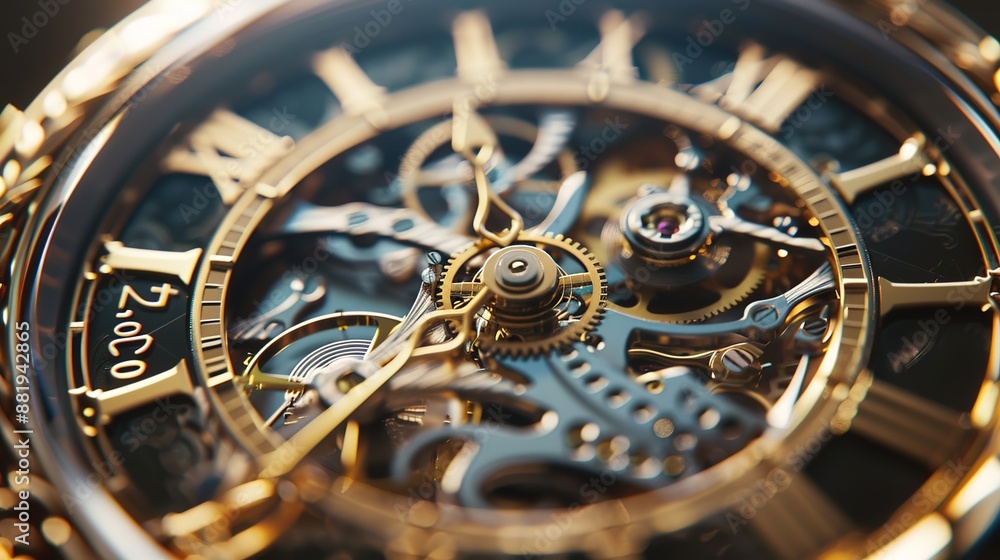 Precision in Detail: Close-up Macro Shot of Intricate Gears and Shiny Metal Finish on Mechanical Watch Face Precision in Detail: Close-up Macro Shot of Intricate Gears and Shiny Metal Finish on Mechanical Watch Face