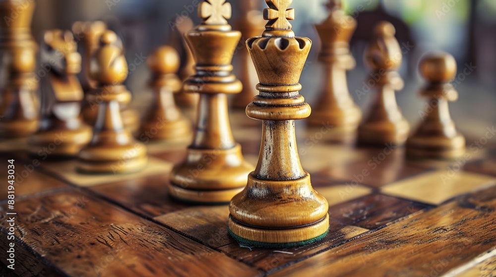 Strategic Chess Match on Rustic Wooden Board: Close-up of Chess Pieces in Mid-Game Strategic Chess Match on Rustic Wooden Board: Close-up of Chess Pieces in Mid-Game
