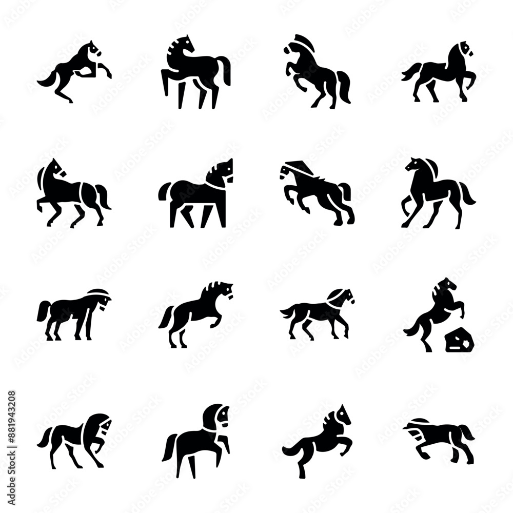 Fototapeta premium Bundle of 16 Racing Horse Solid Icons