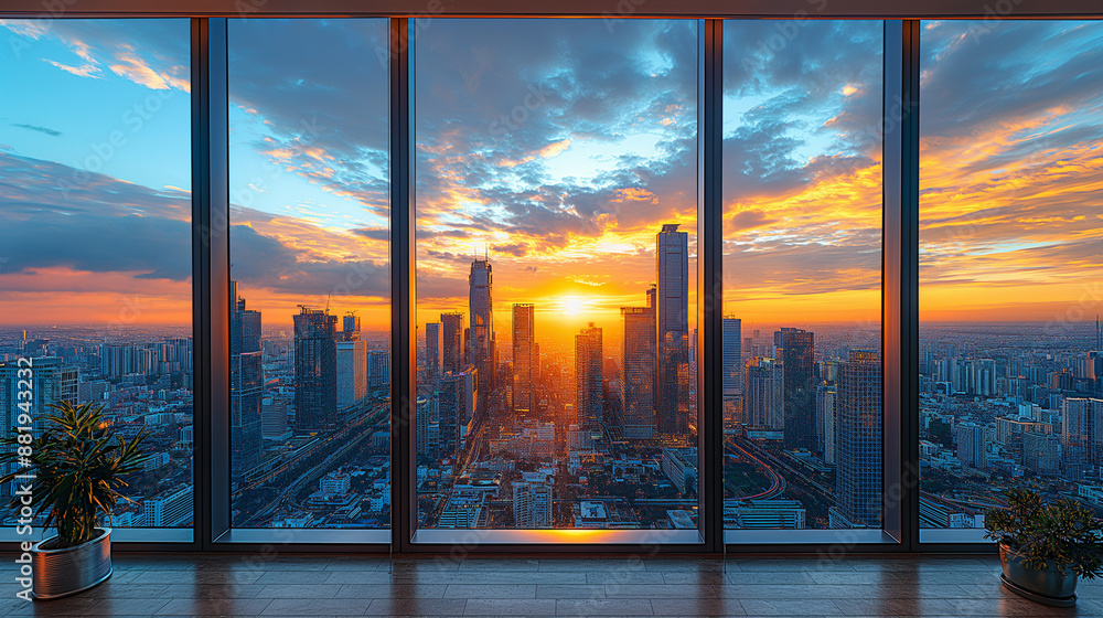 Fototapeta premium A telephoto angle photo of a vibrant city skyline at sunset, with skyscrapers glowing in the fading light, seen from a modern apartment window, with copy space