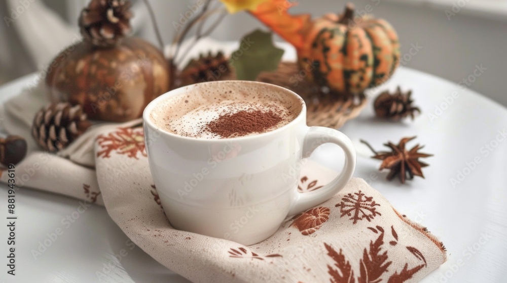 White Mug of Warm Drink With Cinnamon on a White Tabletop White Mug of Warm Drink With Cinnamon on a White Tabletop