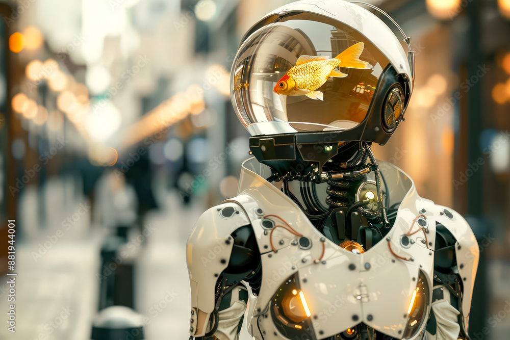 Robot with a water bowl with golden fish instead of a head. Robot with a water bowl with golden fish instead of a head.