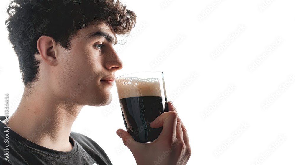 realistic photo of a young man holding up a glass of guinness, looking left in profile, white background GENERATIVE AI realistic photo of a young man holding up a glass of guinness, looking left in profile, white background GENERATIVE AI