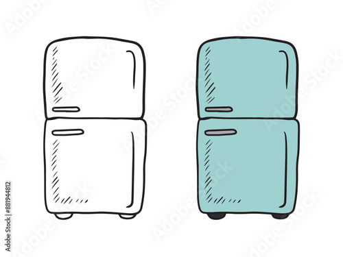 Refrigerator with two sections in black isolated on white background. Hand drawn vector sketch illustration in doodle engraved vintage line art style. Kitchen equipment, product storage