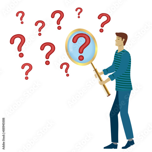 Man trying to find the answers, looking with magnifying glass at question marks. Isolated. Vector illustration. photo