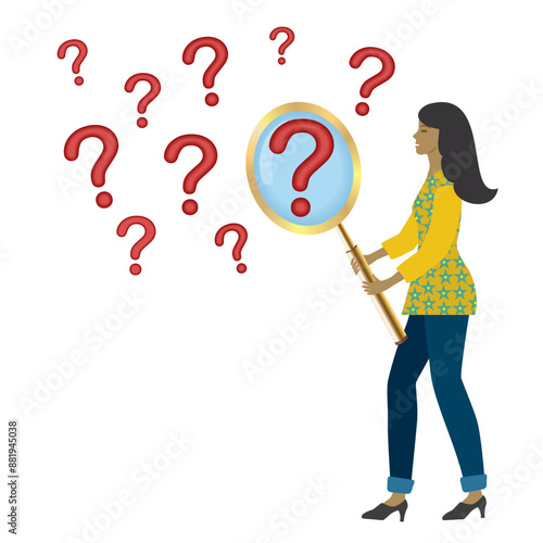 Woman trying to find the answers, looking with magnifying glass at question marks. Isolated. Vector illustration. photo