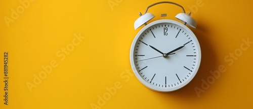 White wall clock on the yellow wall. Minimalist flat lay image of plastic wall clock over yellow background with copy space photo