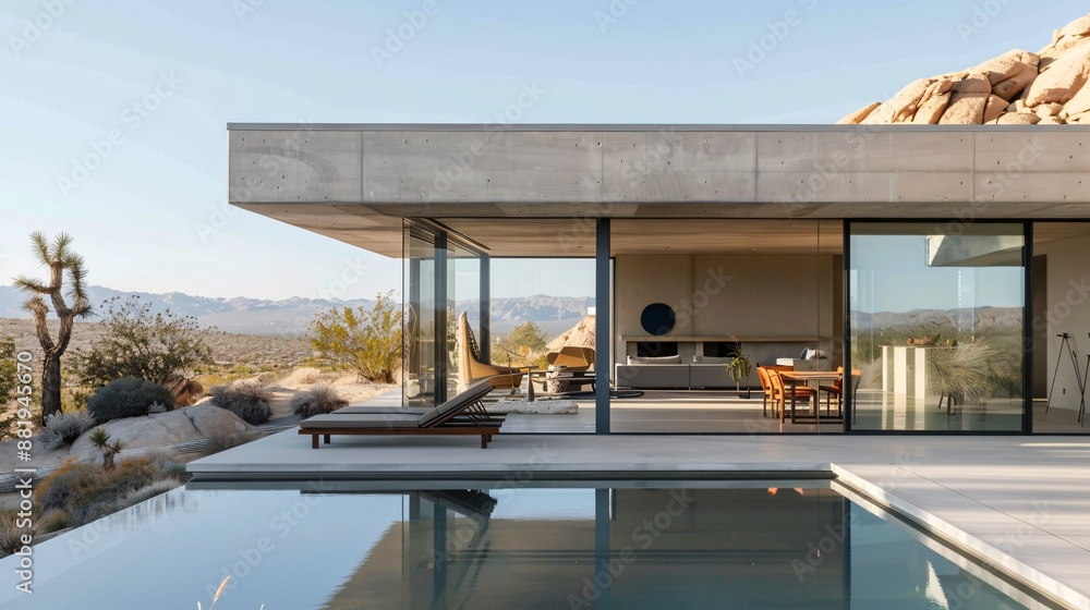 A minimalist house in the desert with a flat roof and large glass doors A minimalist house in the desert with a flat roof and large glass doors