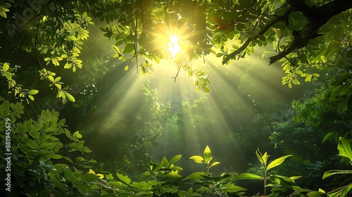 Sunlight through green leaves in the forest.