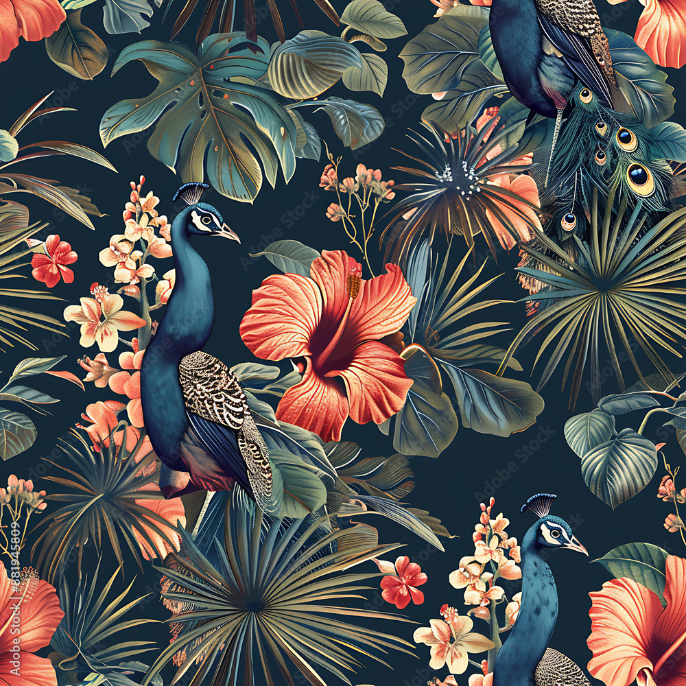 Tropical peacock vintage palm leaves seamless pattern with hibiscus flower.