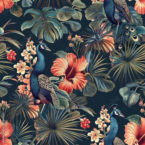 Obraz na płótnie Tropical peacock vintage palm leaves seamless pattern with hibiscus flower. w salonie
