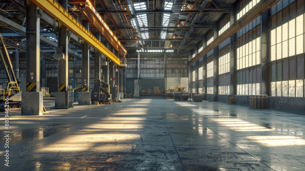 Sunlight streams through the windows of an industrial warehouse, casting long shadows on the concrete floor Sunlight streams through the windows of an industrial warehouse, casting long shadows on the concrete floor