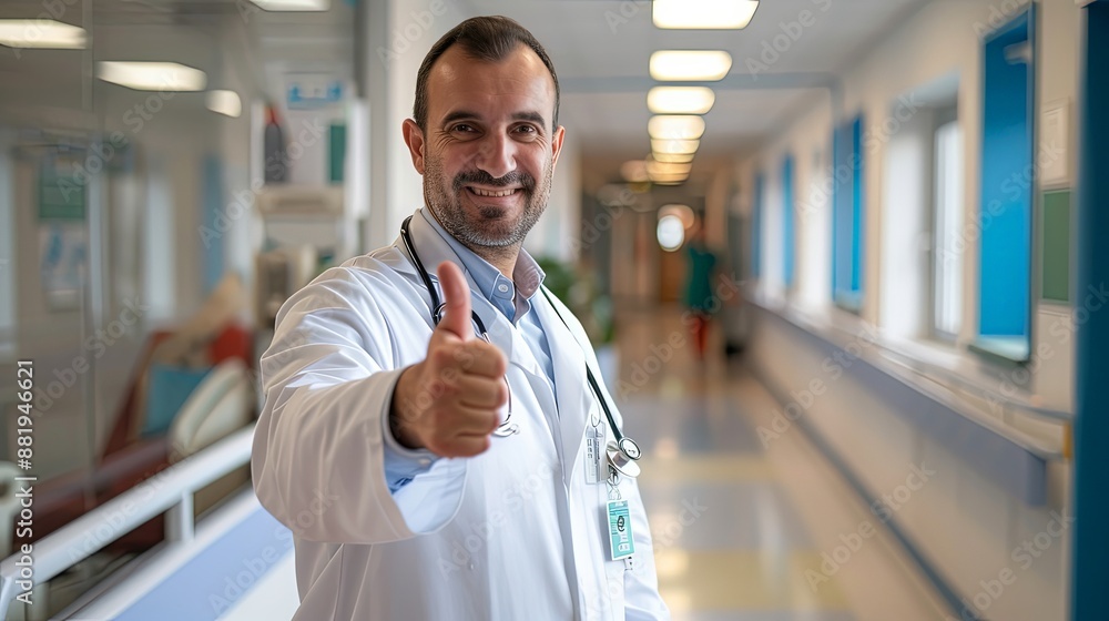 Fototapeta premium Friendly Doctor Gives Thumbs Up in Hospital