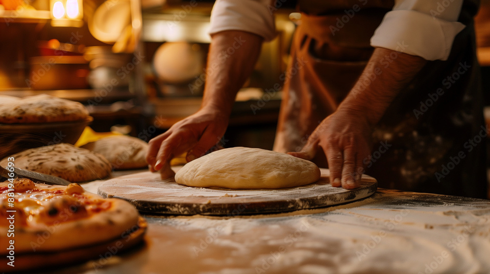 Seasoned Baker’s Hands Kneading Pizza Dough with Flour in a Rustic Kitchen with Traditional Baking Utensils - Capturing the Essence of Artisan Baking Seasoned Baker’s Hands Kneading Pizza Dough with Flour in a Rustic Kitchen with Traditional Baking Utensils - Capturing the Essence of Artisan Baking