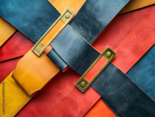 Handmade Leather Craft Supplies with Bold Geometric Shapes and Metallic Hardware on Minimalist Workshop Backdrop