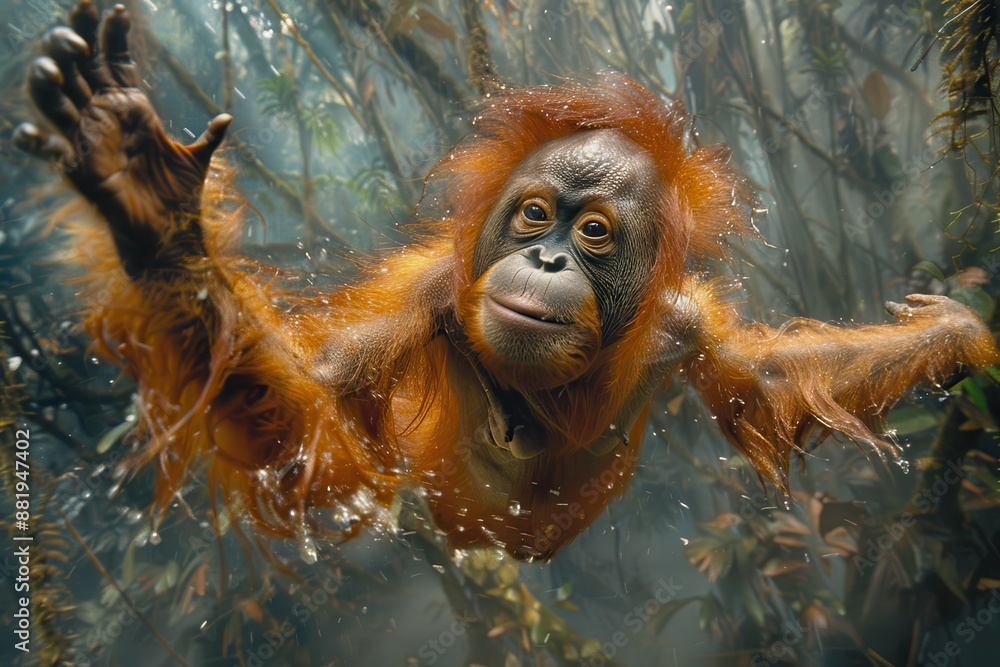 Obraz premium A Tapanuli orangutan swinging from vine to vine in a Sumatran jungle, its distinctive reddish fur and long arms creating a striking image. 