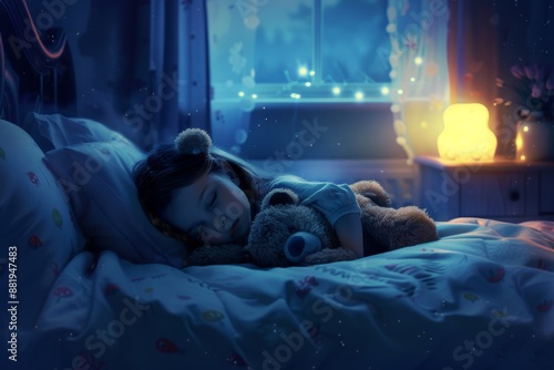 A peaceful night in a cozy bedroom. A little girl sleeps soundly with her teddy bear. The room is lit by a warm nightlight. Beautiful dreamy artwork of sleep and comfort. Generative AI photo