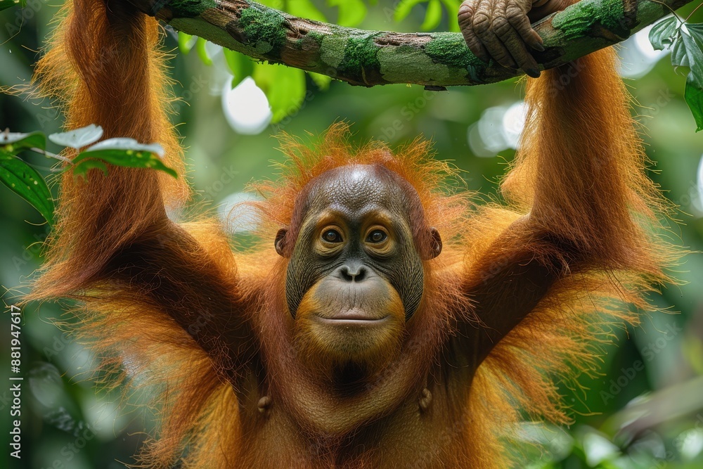 Naklejka premium A Tapanuli orangutan swinging from vine to vine in a Sumatran jungle, its distinctive reddish fur and long arms creating a striking image. 