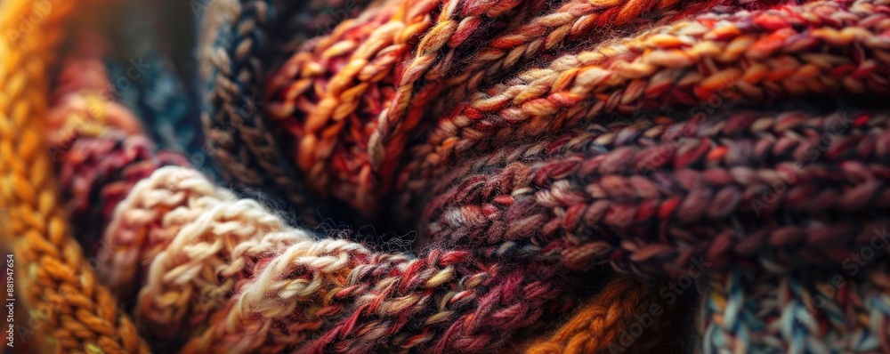Close-up of colorful knitted fabric with intricate patterns, showcasing various shades of red, orange, and brown in detailed textures. Close-up of colorful knitted fabric with intricate patterns, showcasing various shades of red, orange, and brown in detailed textures.