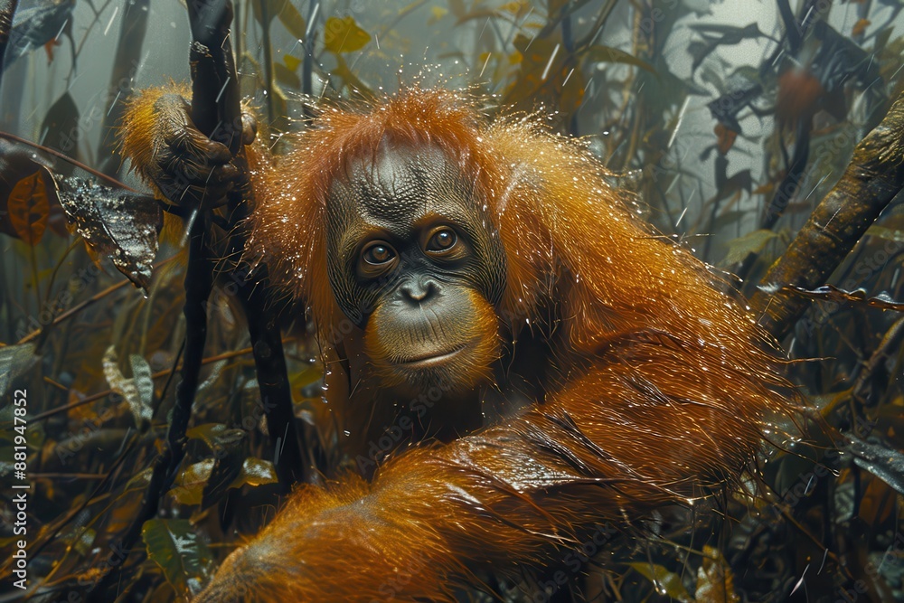 Obraz premium A Tapanuli orangutan swinging from vine to vine in a Sumatran jungle, its distinctive reddish fur and long arms creating a striking image. 
