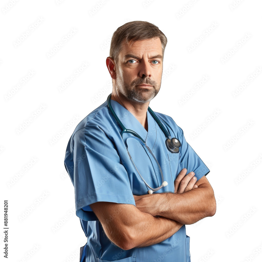 Healthcare, profession and medicine concept - happy smiling doctor or male nurse in blue uniform with stethoscope. Transparent background or PNG file Healthcare, profession and medicine concept - happy smiling doctor or male nurse in blue uniform with stethoscope. Transparent background or PNG file