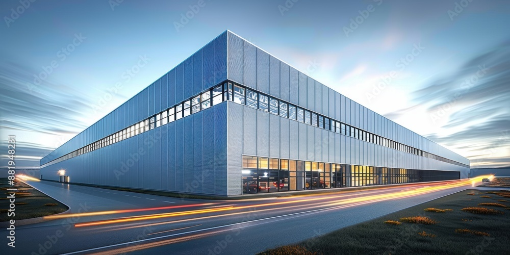 Obraz premium Modern White Warehouse Building with Light Gray Metal Accents, Surrounded by Green Grass and Concrete Roads in an Industrial Area
