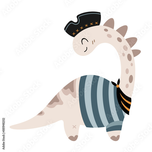 Pirate clipart. Pirate dinosaur clipart. Dinosaur in cartoon flat style. Hand drawn vector illustration.