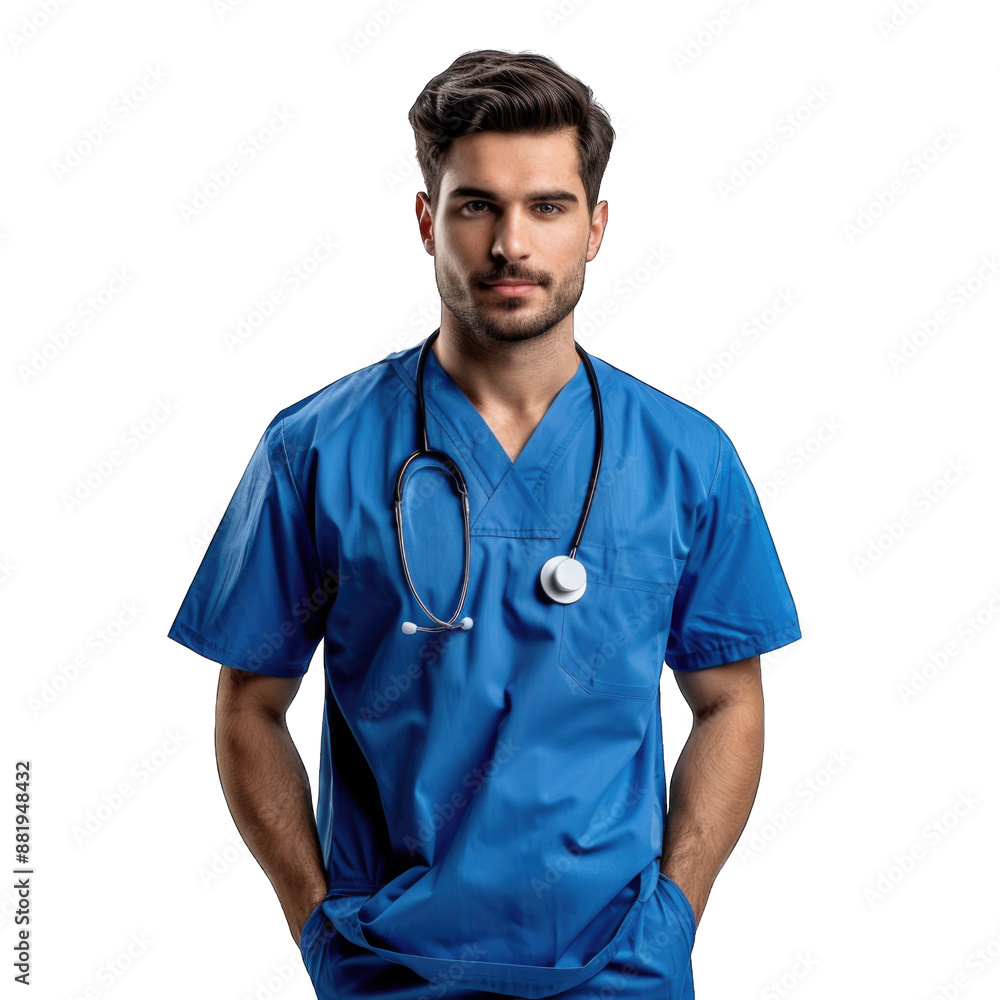 Healthcare, profession and medicine concept - happy smiling doctor or male nurse in blue uniform with stethoscope. Transparent background or PNG file Healthcare, profession and medicine concept - happy smiling doctor or male nurse in blue uniform with stethoscope. Transparent background or PNG file