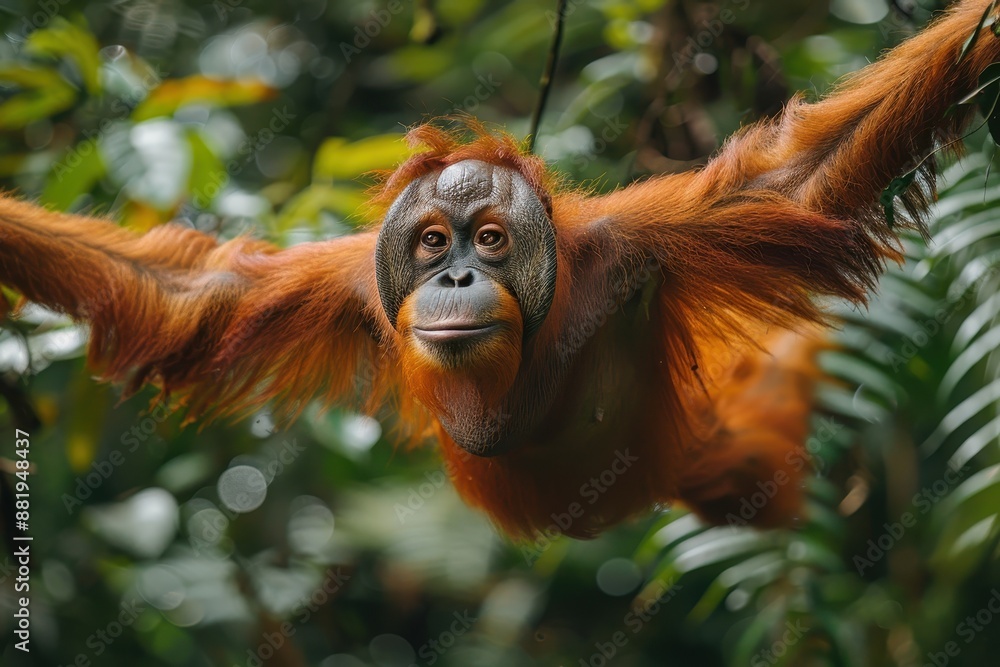 Obraz premium A Tapanuli orangutan swinging from vine to vine in a Sumatran jungle, its distinctive reddish fur and long arms creating a striking image. 