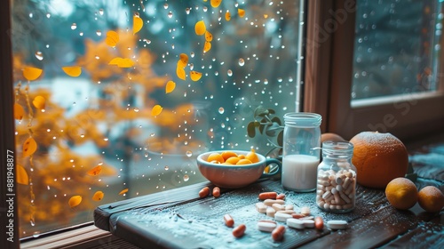 Table of antiviral medications and vitamins by rainy autumn window  treating autumn colds
